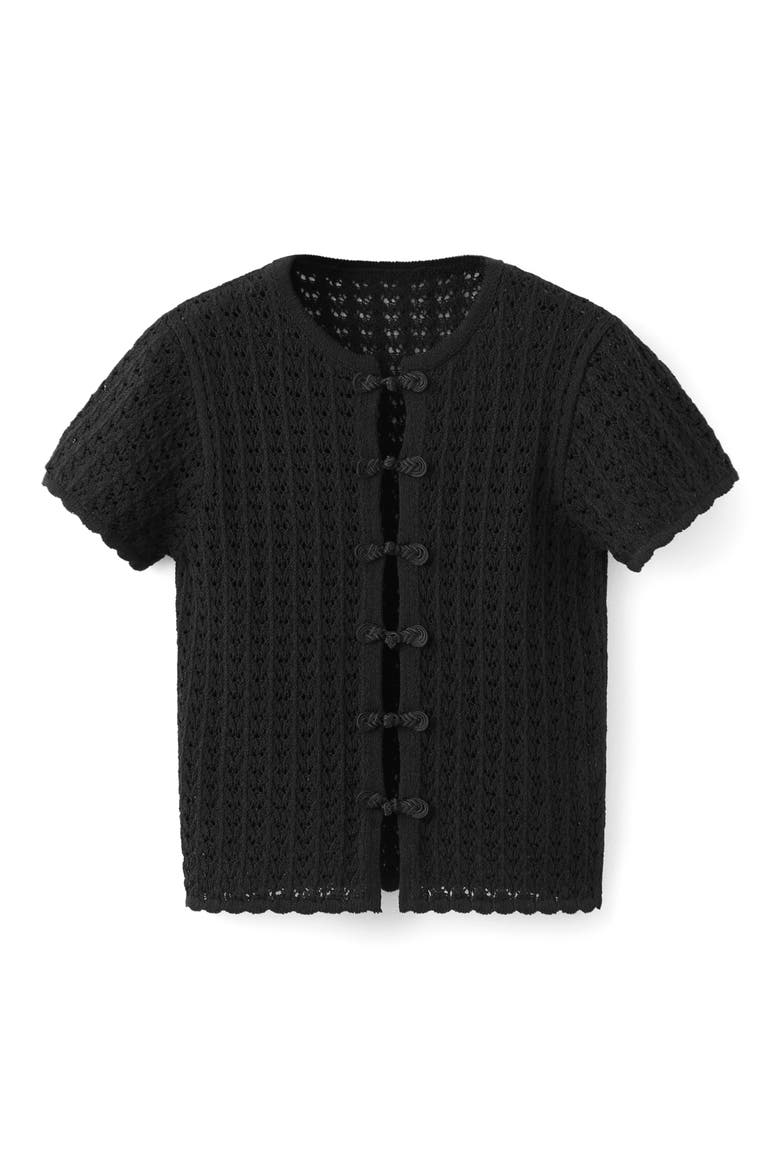 Open Stitch Short Sleeve Cardigan, Alternate, color, BLACK