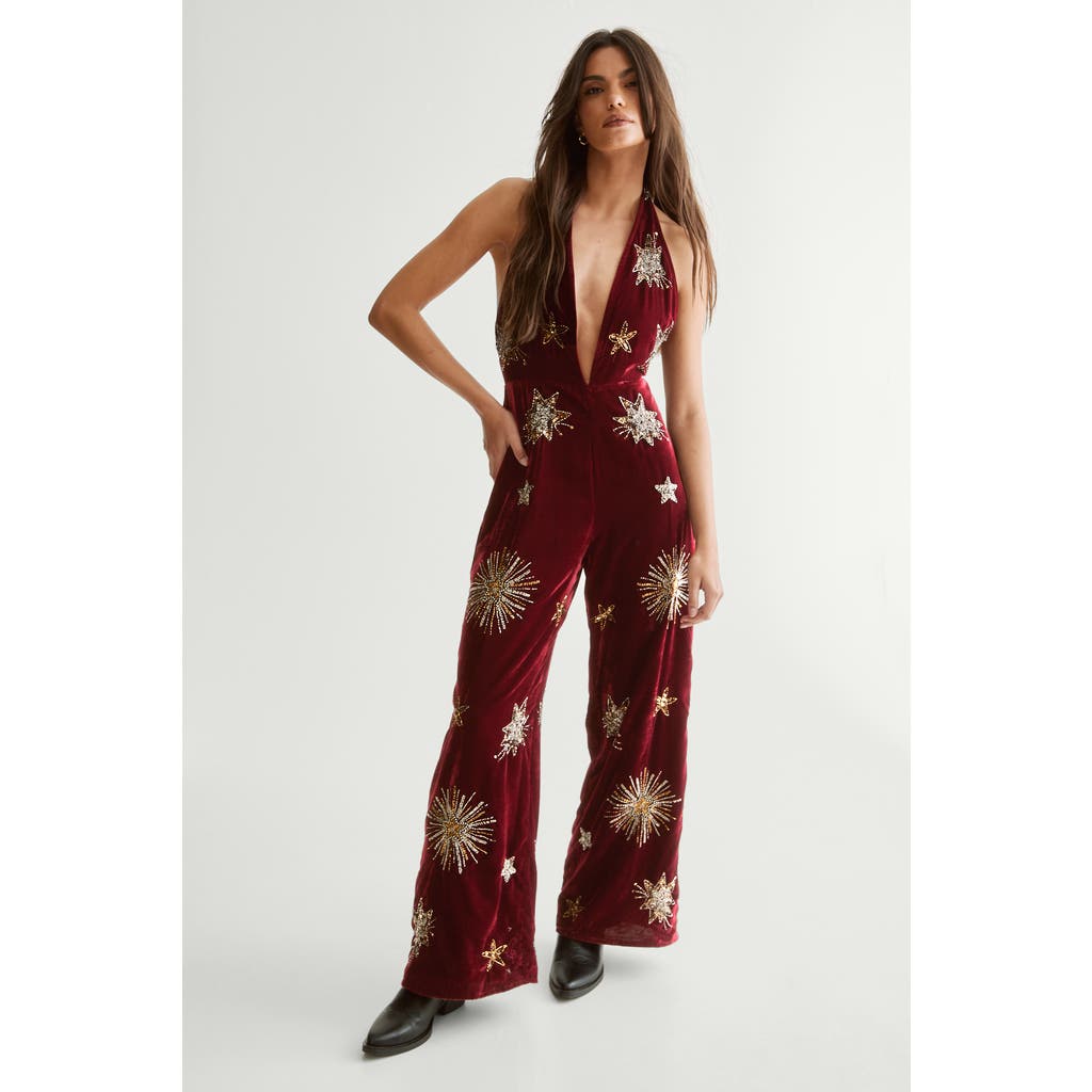 Nasty Gal Star Embellished Velvet Halter Jumpsuit In Burgundy