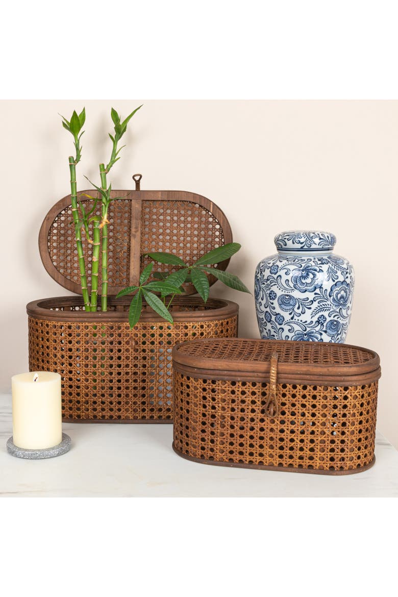 Modern Decorative Oval Woven Rattan Storage Boxes, Set of 2 Sizes, Dark Brown Finish, Alternate, color, Brown