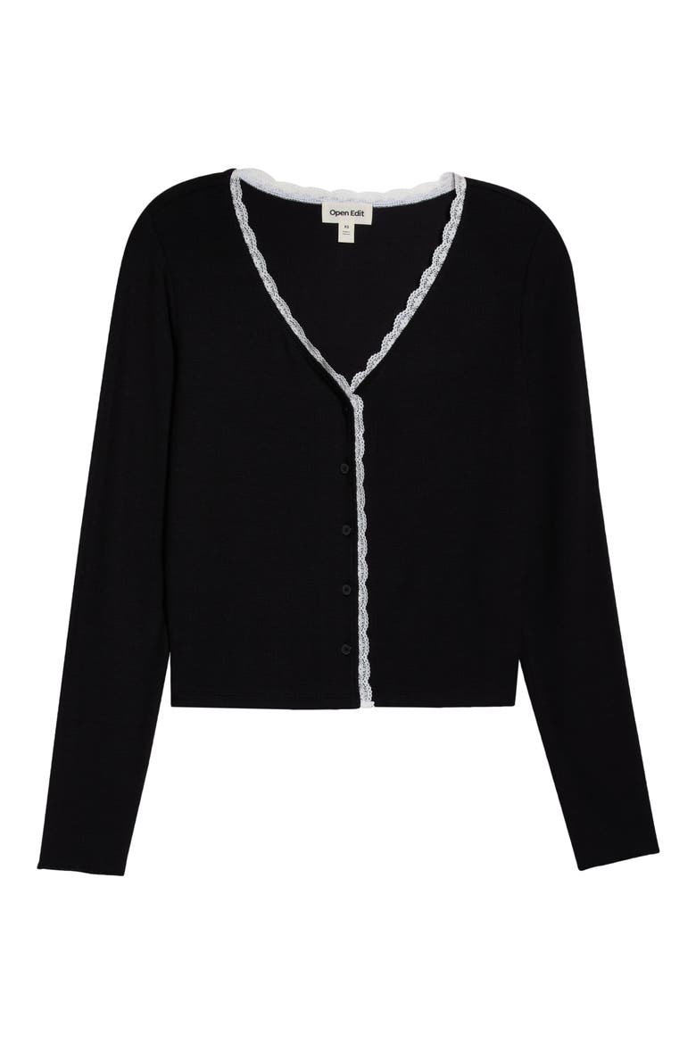 Daydream Lace Trim Rib Button-Up Lounge Top, Alternate, color, BLACK