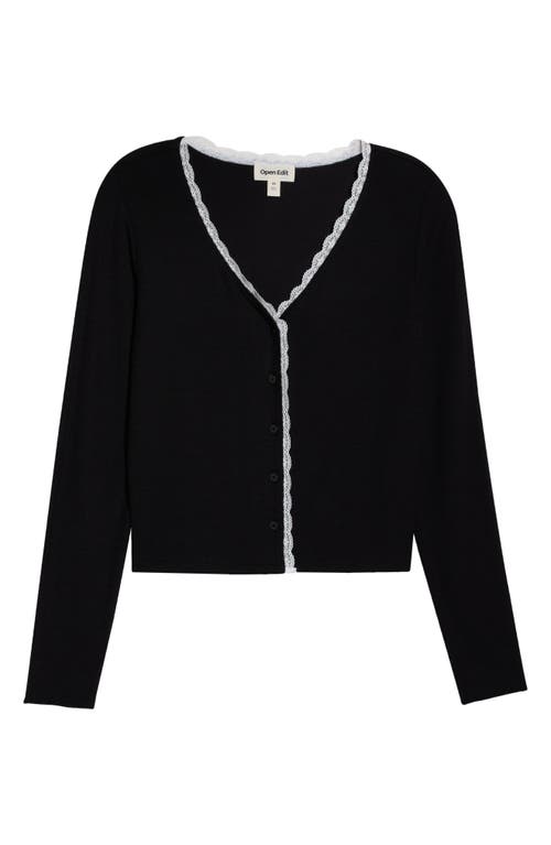 Open Edit Daydream Lace Trim Rib Button-up Lounge Top In Black