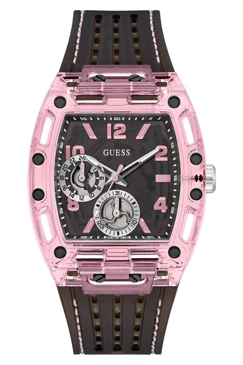 Sporting Pink & Black Multifunction Silicone Strap Watch, 42mm x 43mm, Main, color, BLACK