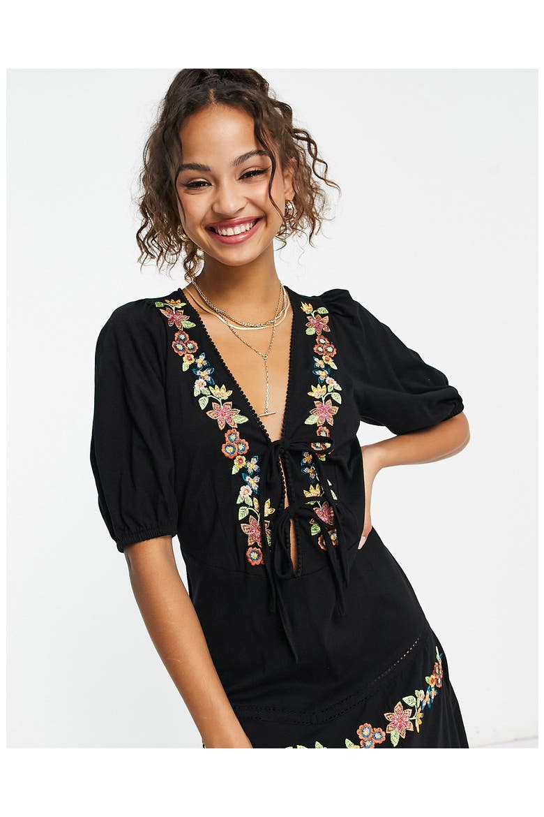 Floral Embroidered Cotton Midi Dress, Alternate, color, BLACK