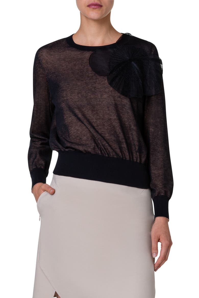 Poppy Appliqué Cotton Blend Crewneck Sweater, Main, color, BLACK