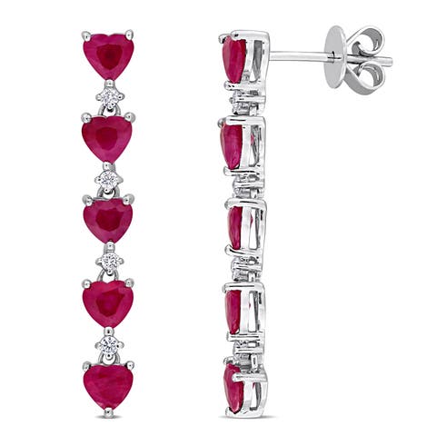 Ruby & Diamond Heart Drop Earrings 14K
