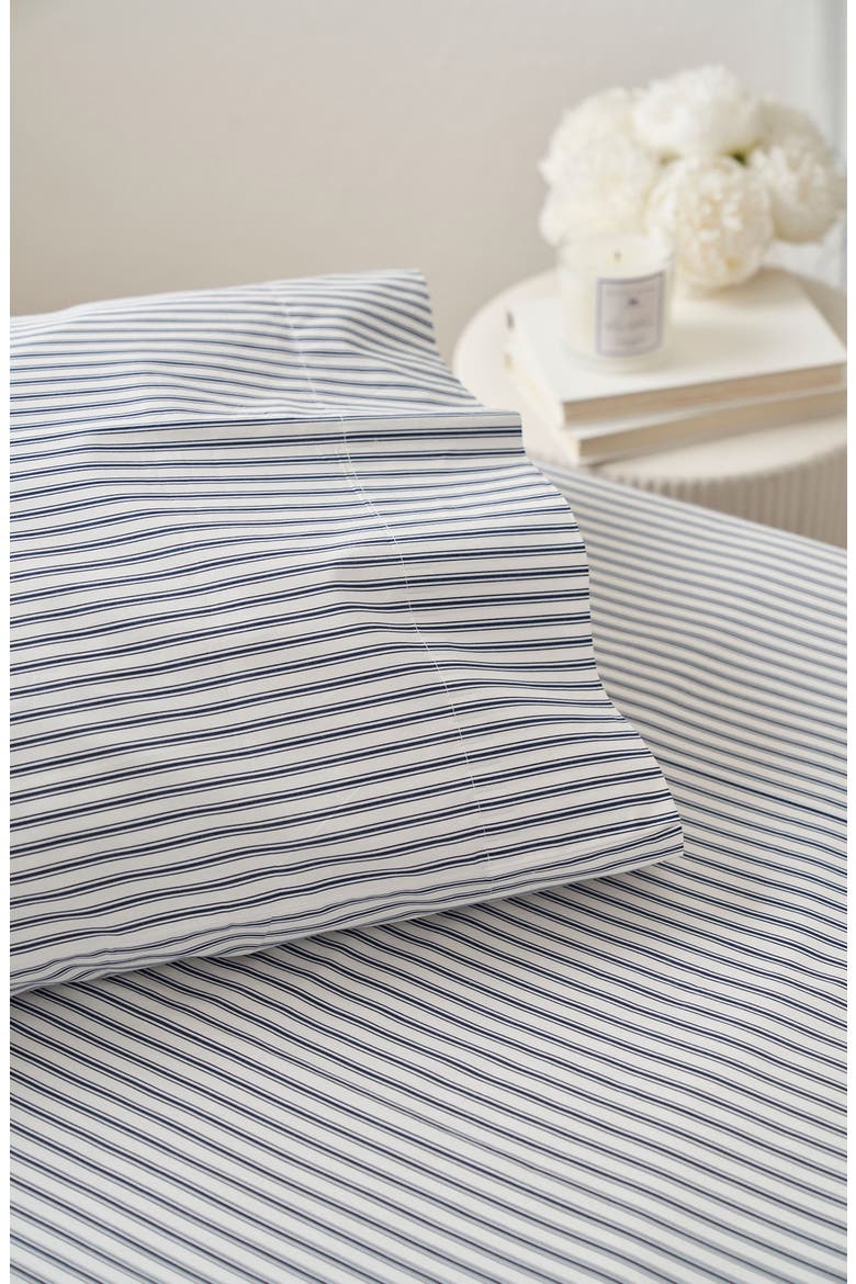 French Ticking Stripes Cotton Percale Sheet Set, Alternate, color, NAVY