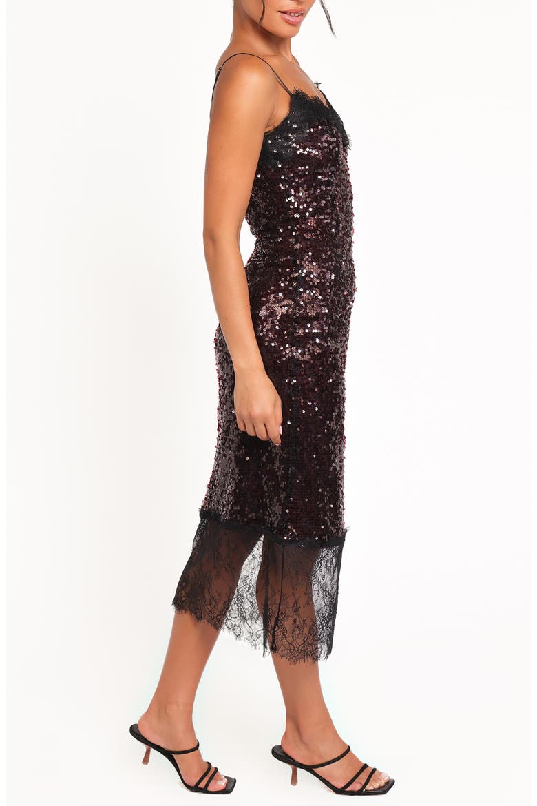Frida Lace Trim Sequin Midi Dress, Alternate, color, BURGUNDY