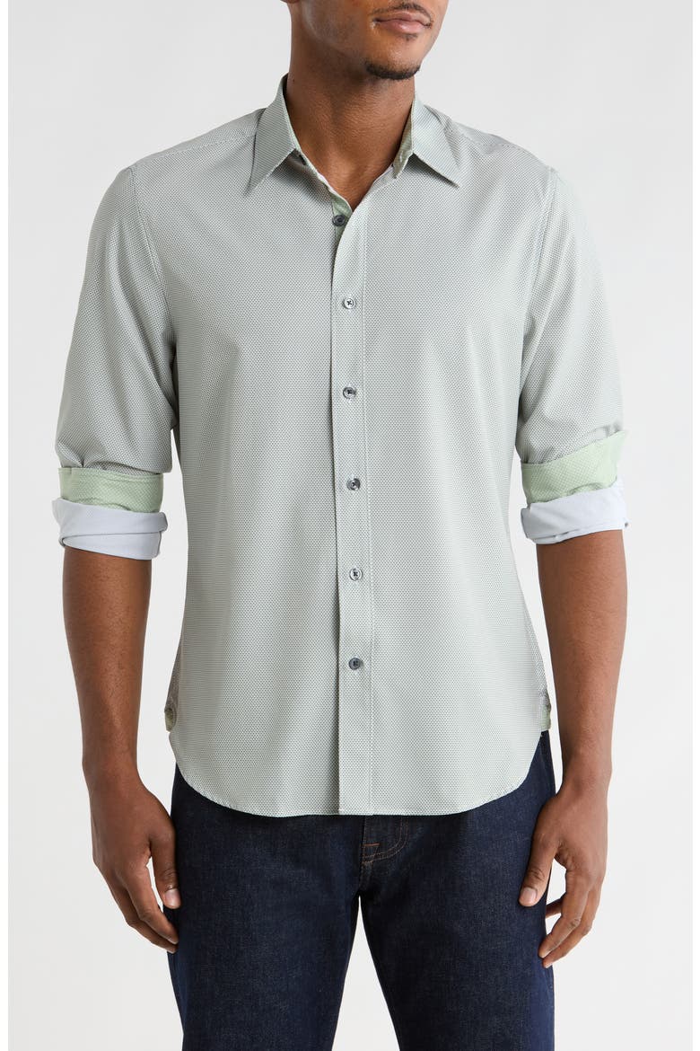 Slim Fit Geometric 4-Way Stretch Button-Up Shirt, Main, color, OLIVE
