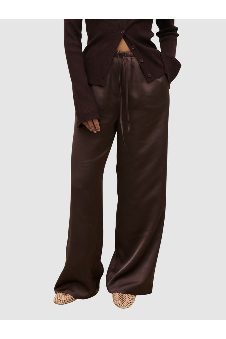 Breya Satin Drawstring Wide Leg Trousers, Main, color, Brown