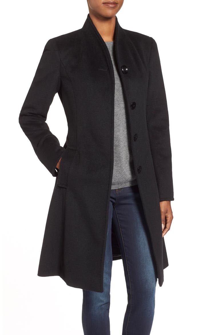 Belted Wool Blend Stand Collar Coat, Alternate, color, BLACK