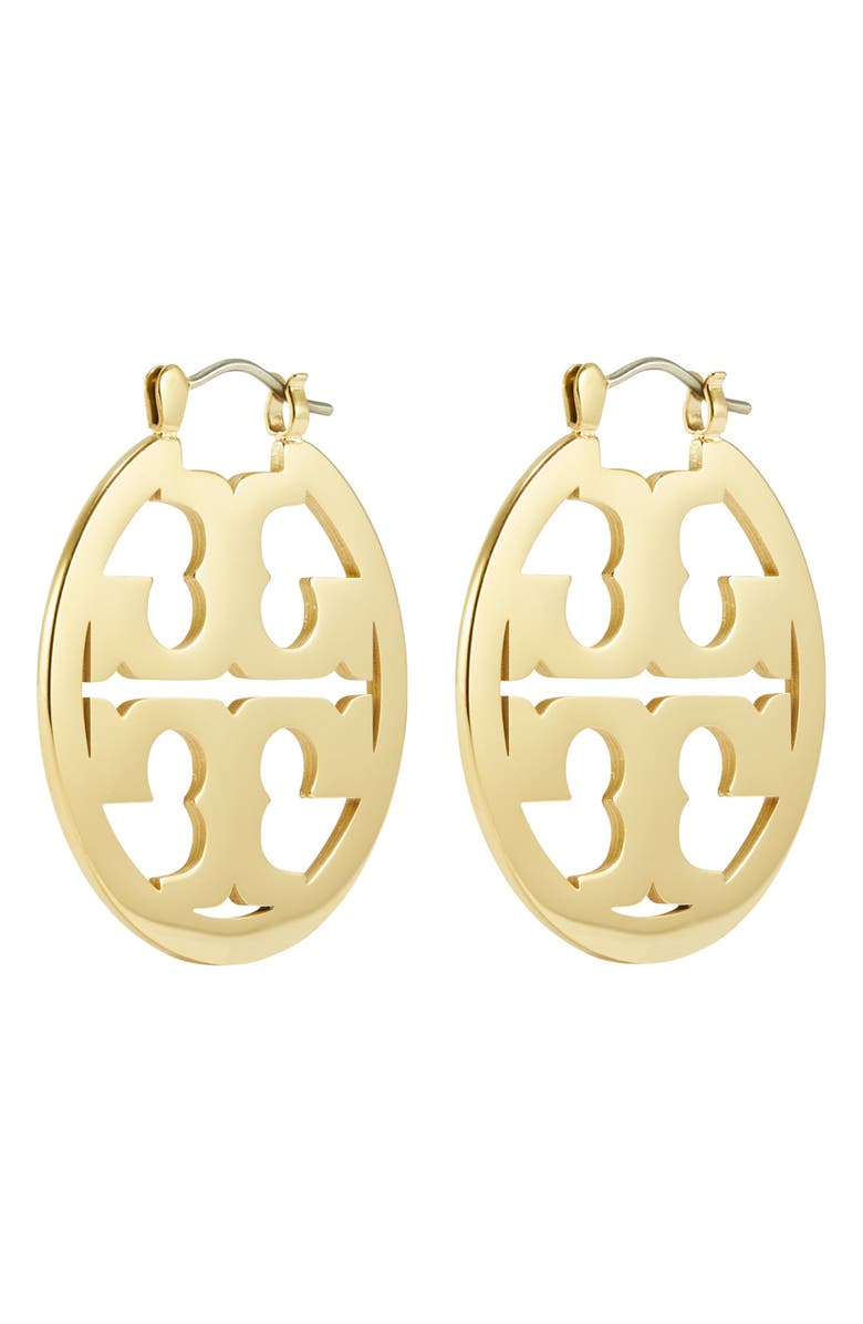 Tory Burch Small Icon Hoop Earrings, Alternate, color, Tory Gold