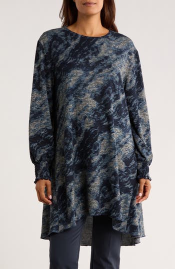 Patrizia Luca Long Sleeve Hacci Tunic Top In Blue