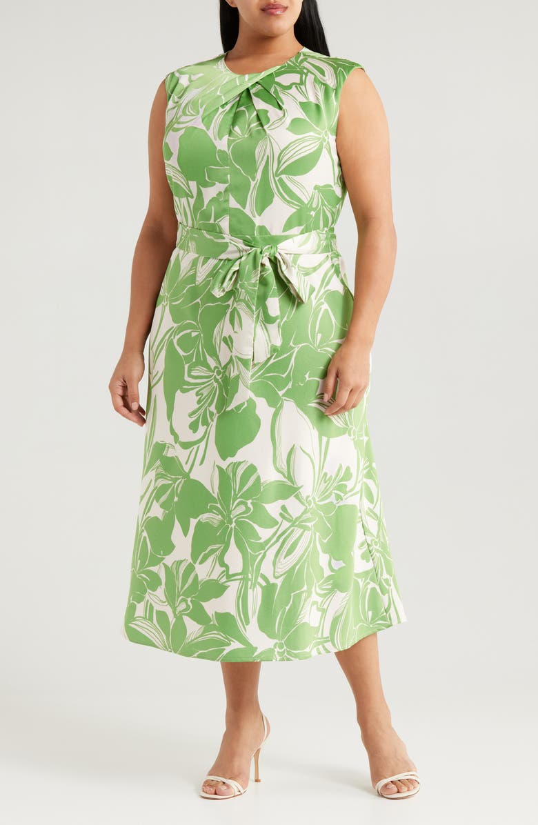 Tahari ASL Floral Cross Neck Sleeveless Midi Dress, Main, color,