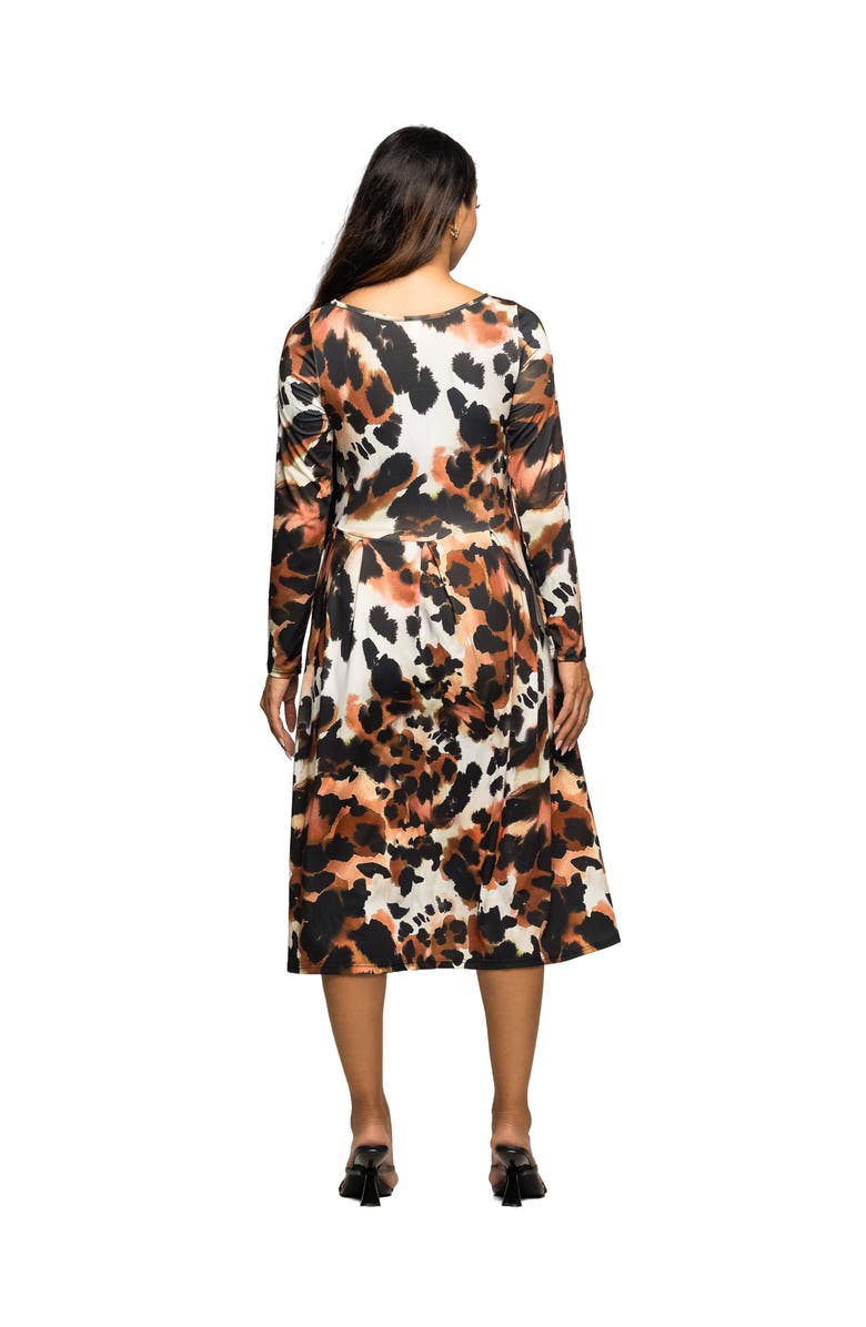 24seven Comfort Apparel Long Sleeve Midi Dress in Animal Print, Alternate, color, Brown Multi