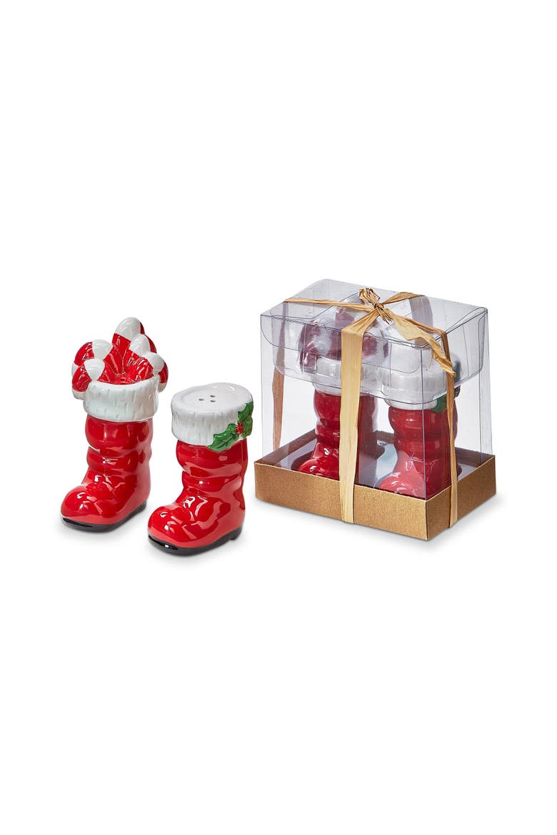 Santa Boots Salt and Pepper Shakers Christmas Decor Set, Main, color, Red