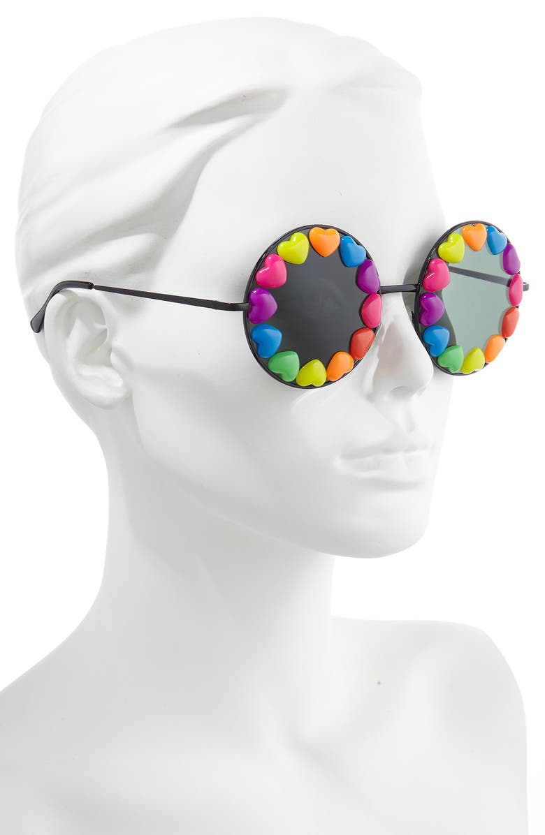 Rad + Refined Rainbow Heart Round Sunglasses, Alternate, color, Black/ Black Lens