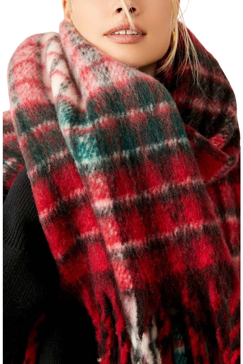 Falling For You Plaid Brushed Blanket Scarf, Alternate, color, CANDY APPLE