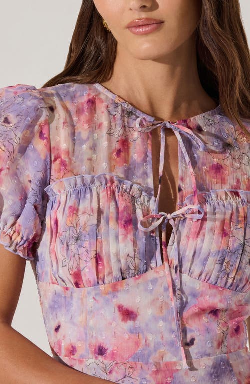 Astr The Label Print Puff Sleeve Tie Front Dress In Purple Pink Floral