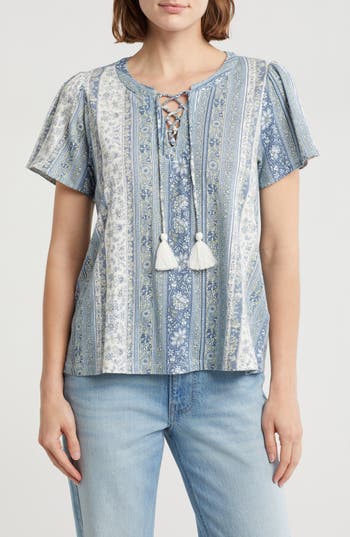 Lucky Brand Lace Front Top In Blue