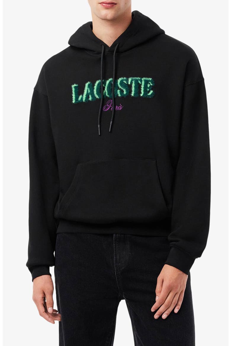 Loose Fit Fuzzy Logo Cotton French Terry Hoodie, Main, color, BLACK