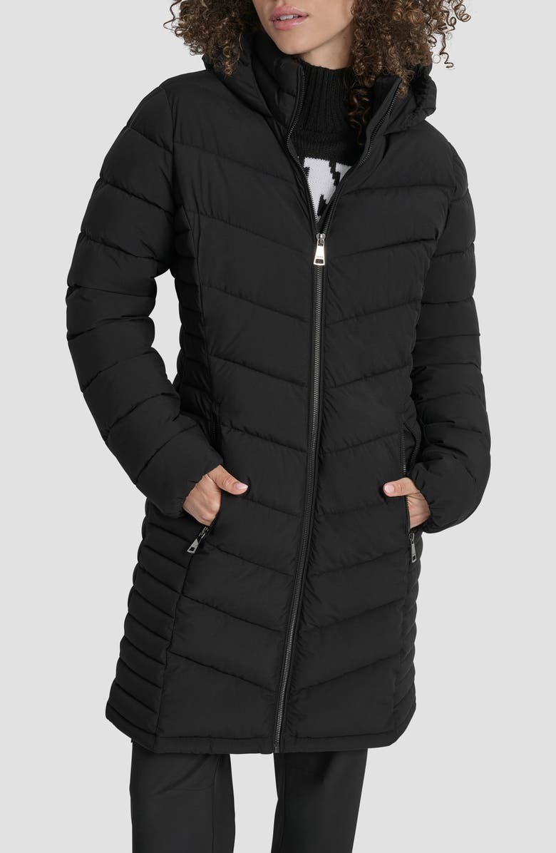 DKNY Cire Packable Hooded Longline Puffer Jacket, Alternate, color, Ebony Stretch