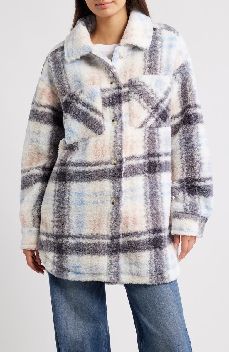 Thread & Supply Plaid Fleece Shirt Jacket, Alternate, color, Rose Skyblue Plaid