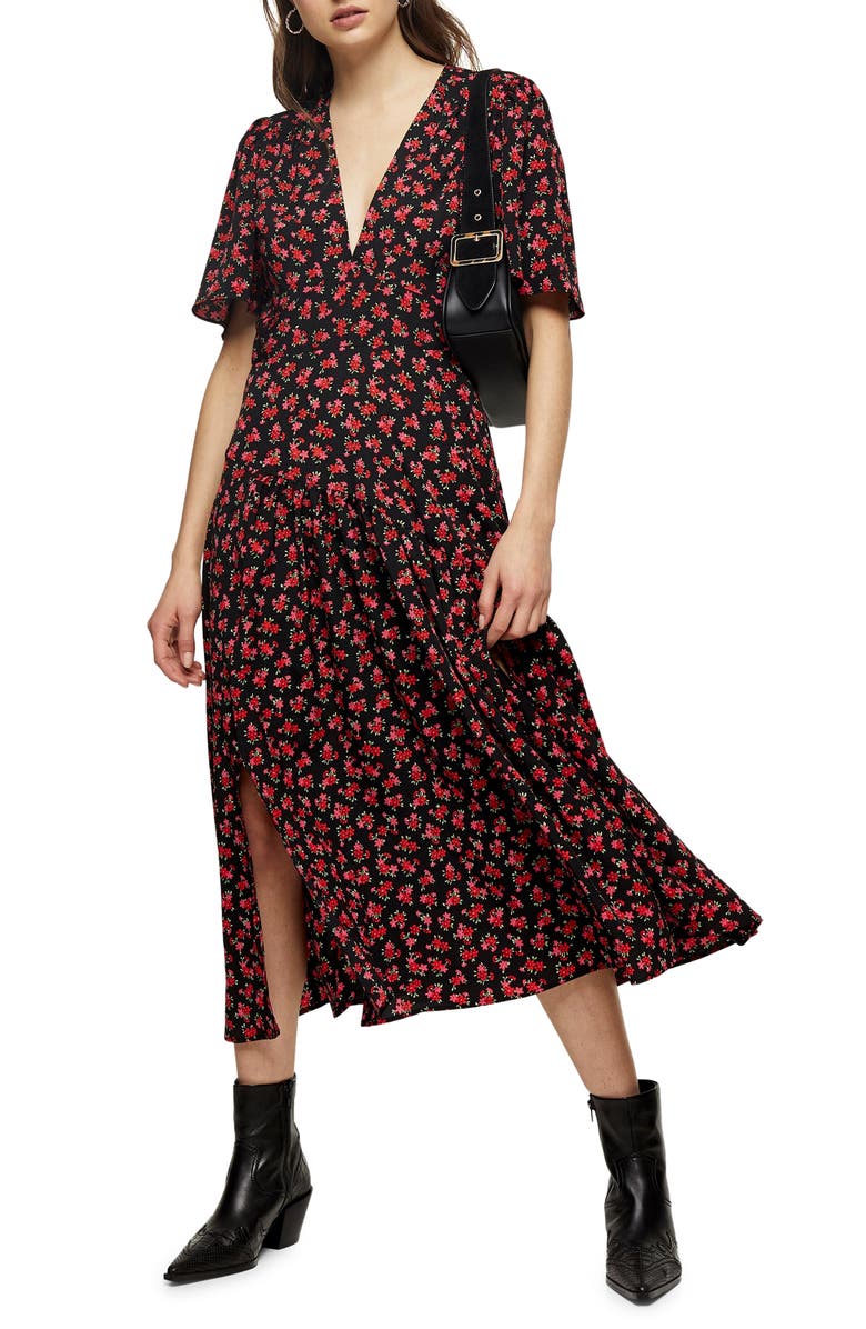 Topshop Floral Print Midi Dress, Main, color, 