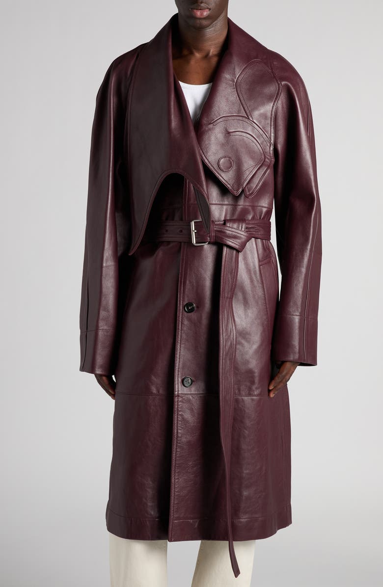 Bottega Veneta Fish Lapel Leather Belted Coat, Alternate, color, 6840 Aubergine