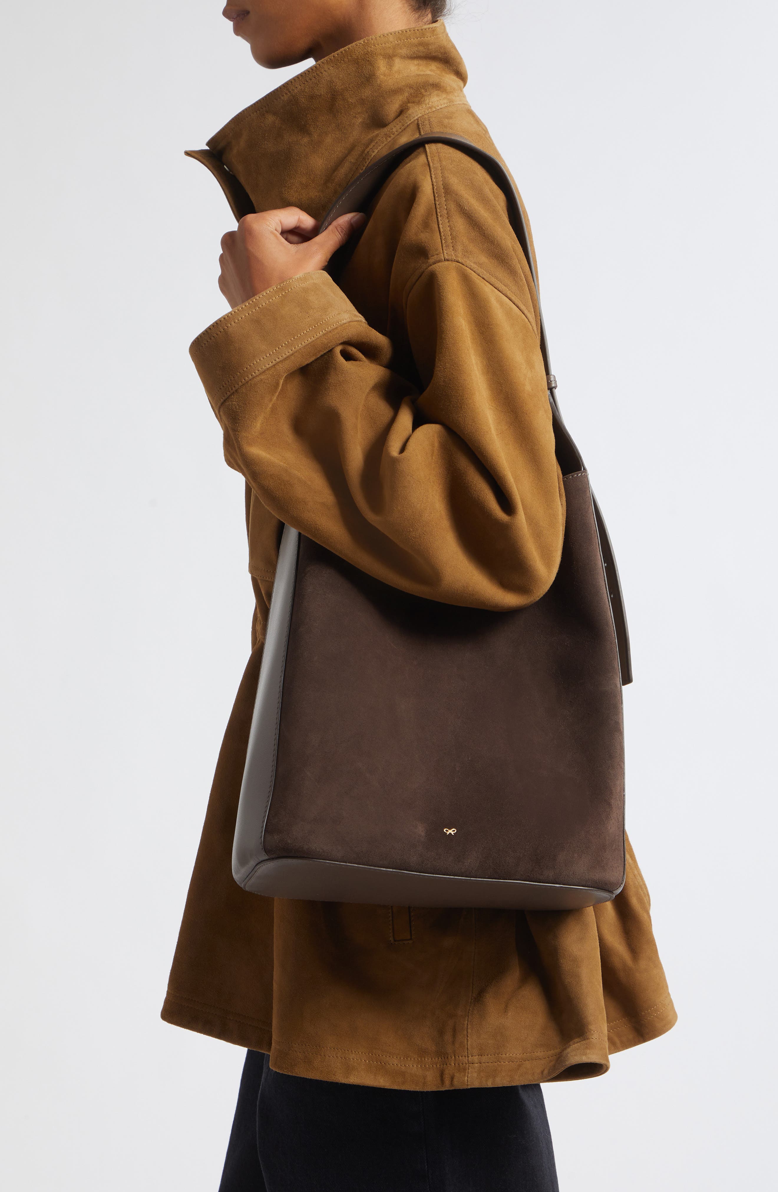 Ringo Suede North/South Shoulder Bag, Alternate, color, TRUFFLE