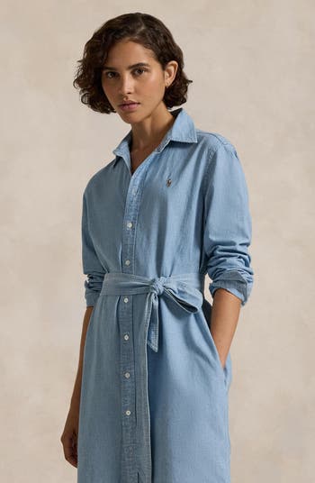 RALPH LAUREN ベルト付きワンピース MIDI セール】 ベルテッド コットンブレンド ミディ シャツドレス