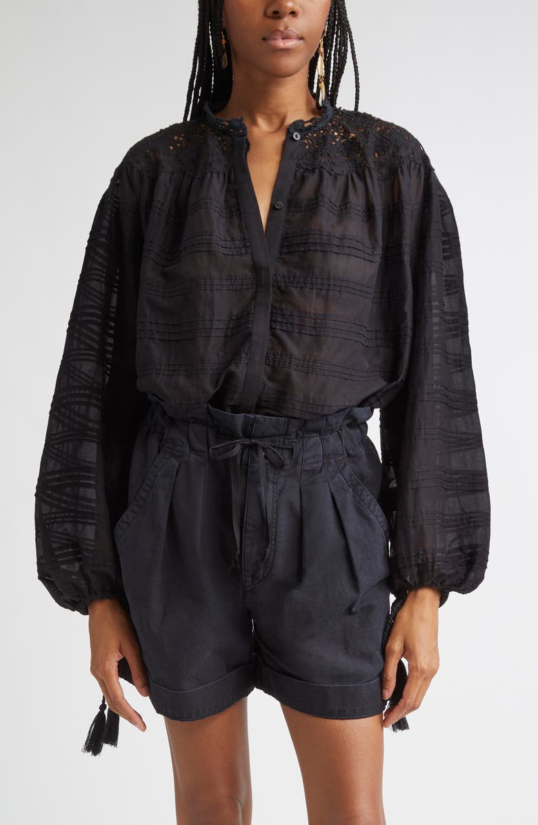Isabel Marant Étoile Polly Lace & Eyelet Trim Cotton Pintuck Top, Main, color, Black