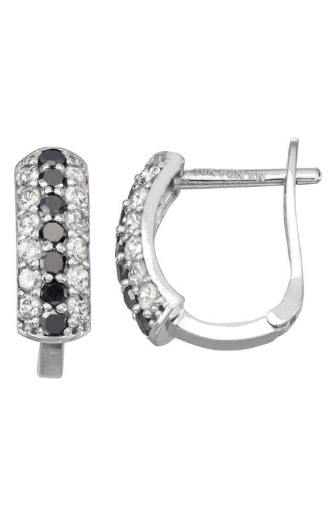 10K White Gold Pavé Black & White Diamond Huggie Hoop Earrings