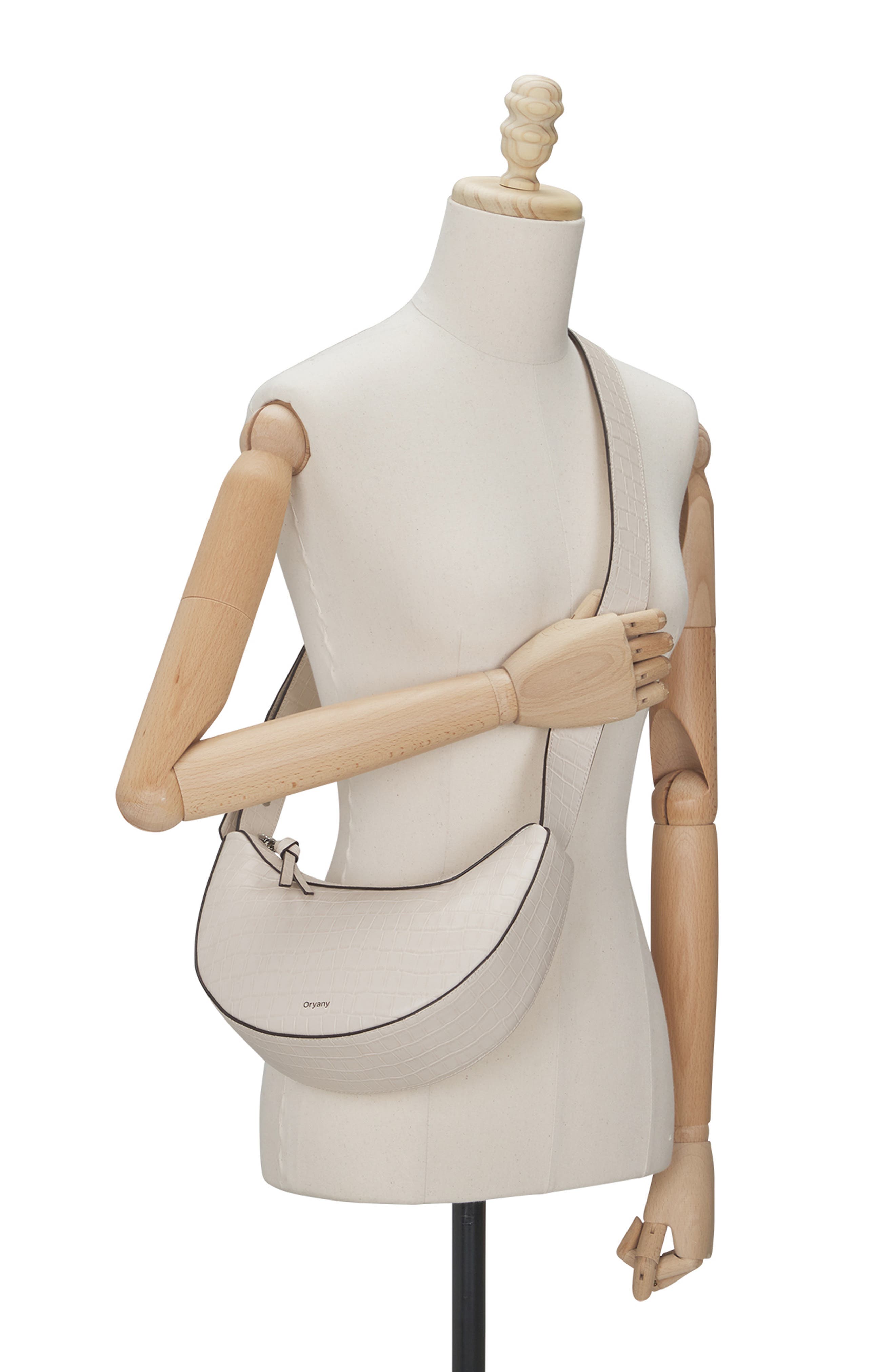 Rookie Crescent Croc Embossed Leather Crossbody Bag, Alternate, color, CREAM
