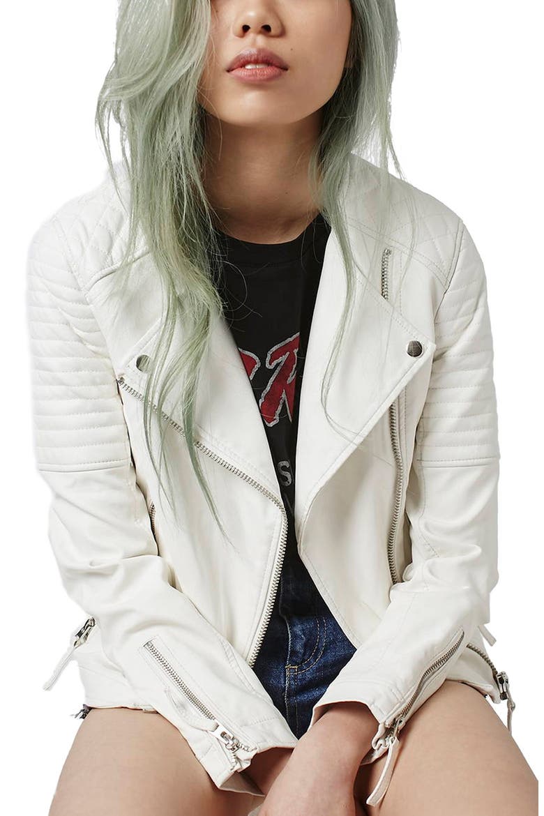 Faux Leather Biker Jacket, Main, color, WHITE