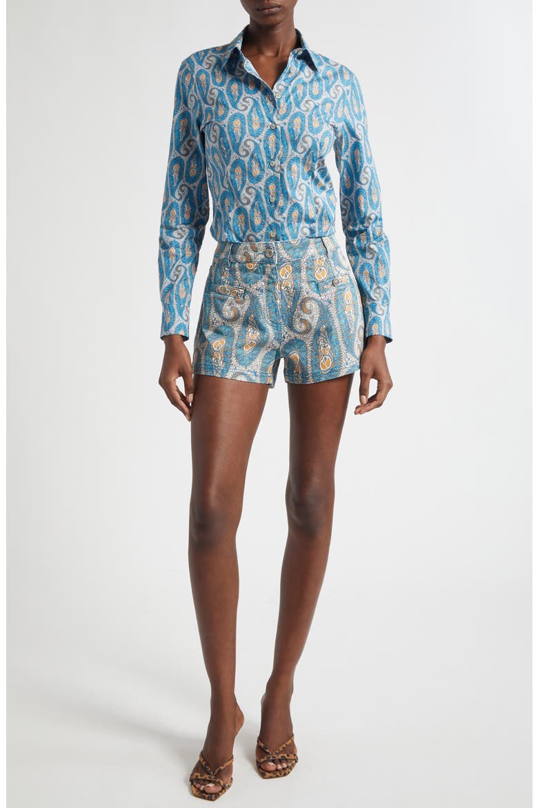 Paisley Print Stretch Denim Shorts, Alternate, color, PRINT ON WHITE BASE
