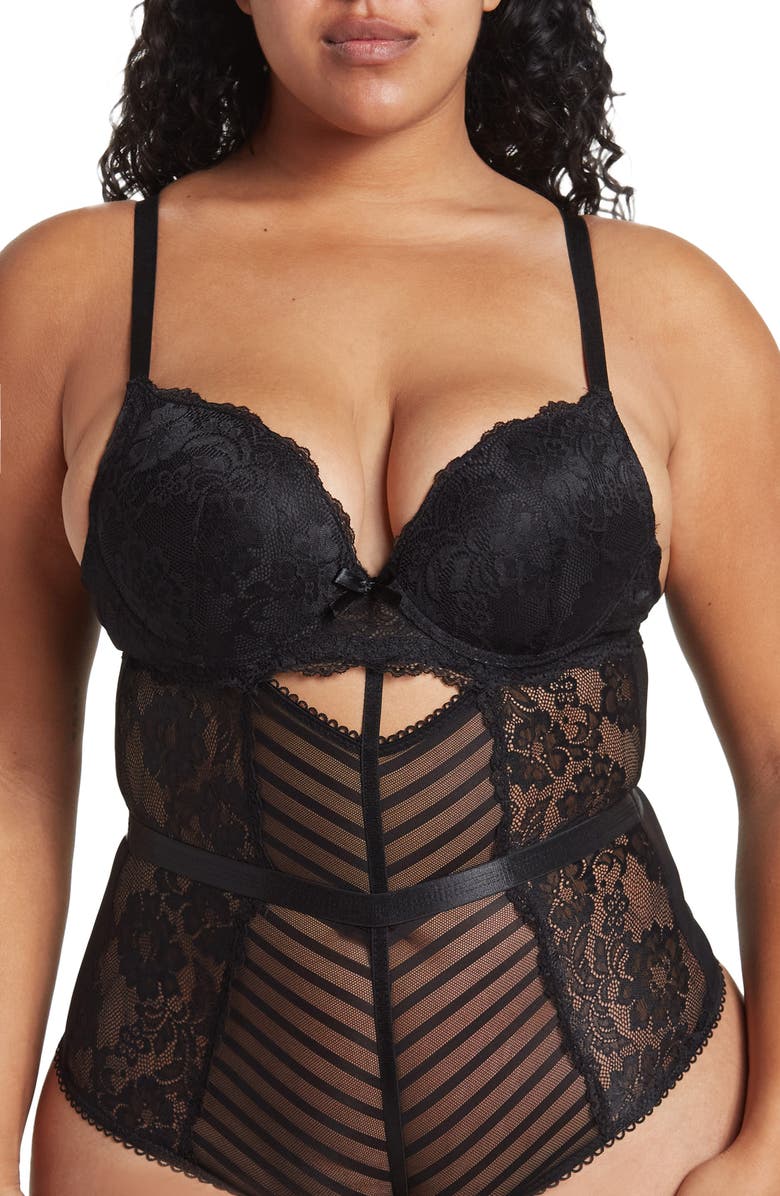 SECRET LACE Shadow Stripe Lace Sexy Bodysuit, Main, color, 