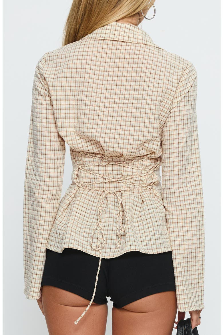 Eryx Check Tie Back Cotton Blend Button-Up Shirt, Alternate, color, APRICOT CHECK