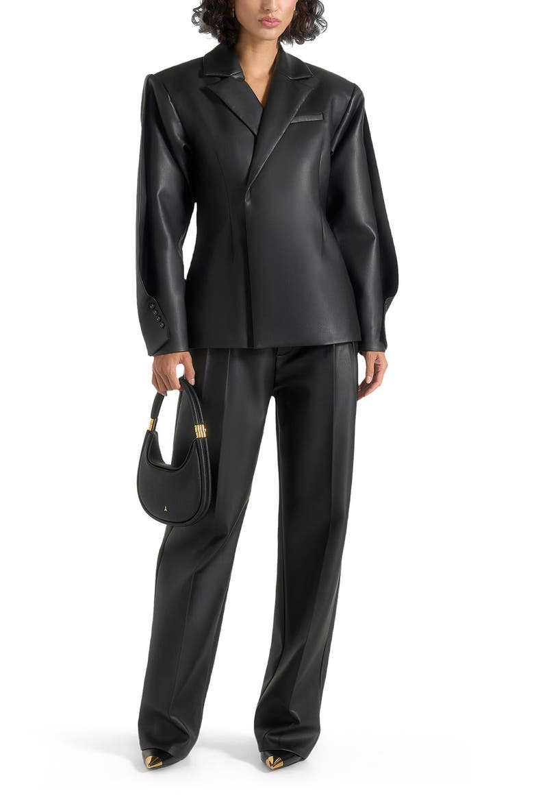 Marie Twist Sleeve Leather Blazer with Belt, Alternate, color, Black