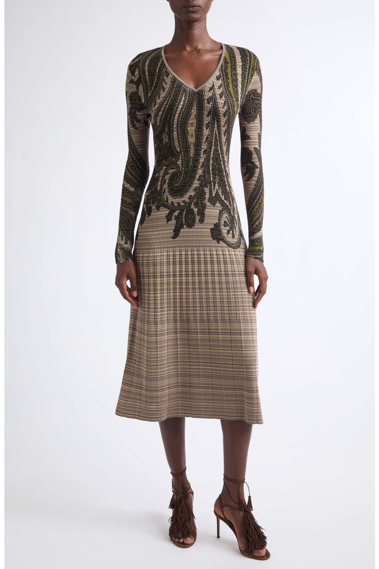Paisley V-Neck Midi Knit Dress, Main, color, PRINTED GREEN BASE