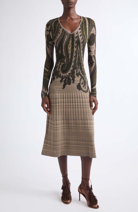 Paisley V-Neck Midi Knit Dress