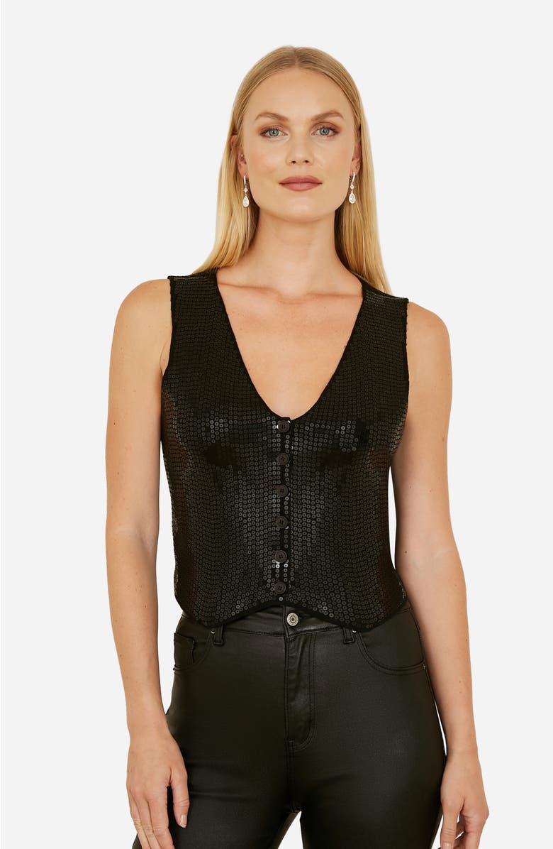 Yumi Sleeveless V-Neck Sequin Waistcoat Top, Main, color, Black