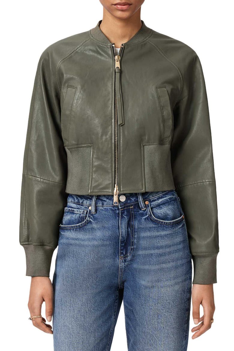 Suri Leather Bomber Jacket, Main, color, CALEDON GREEN