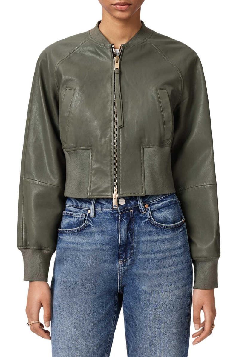 AllSaints Suri Leather Bomber Jacket, Main, color, Caledon Green