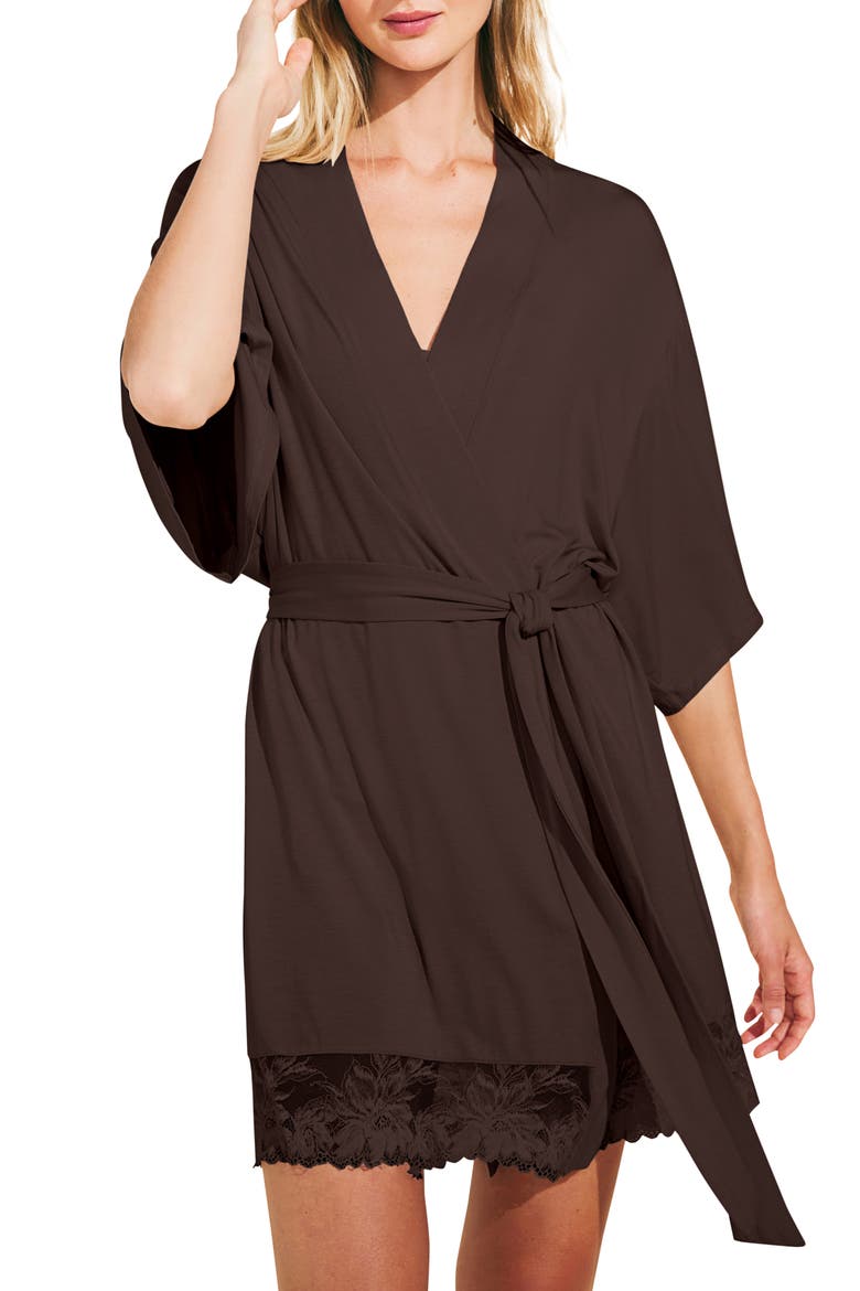Rosalia Lace Trim Short Robe, Main, color, JAVA