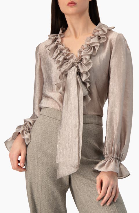 Ruffled V-neck Blouse With Lace-up Detail