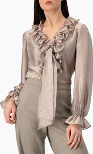 IVONNE Ruffled V-neck Blouse With Lace-up Detail