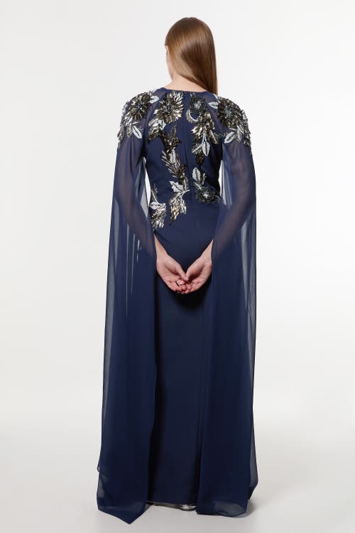 Karen Millen Floral 3d Cape Sleeve Maxi Dress In Blue