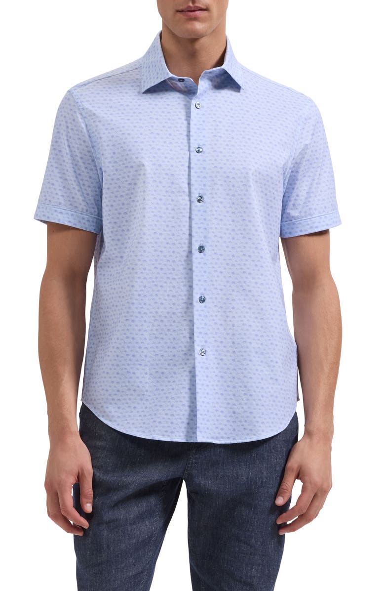 Bugatchi Miles OoohCotton<sup>®</sup> Palm Tree Print Short Sleeve Button-Up Shirt, Main, color, Lavender