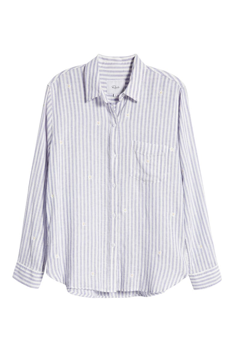 Women's Charli Stripe Linen Blend Button-Up Shirt, Alternate, color, BLUE STRIPE DAISY EMBROIDERY