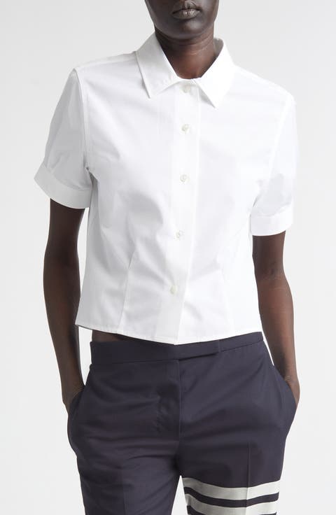 Pleated Cotton Poplin Button-Up Blouse